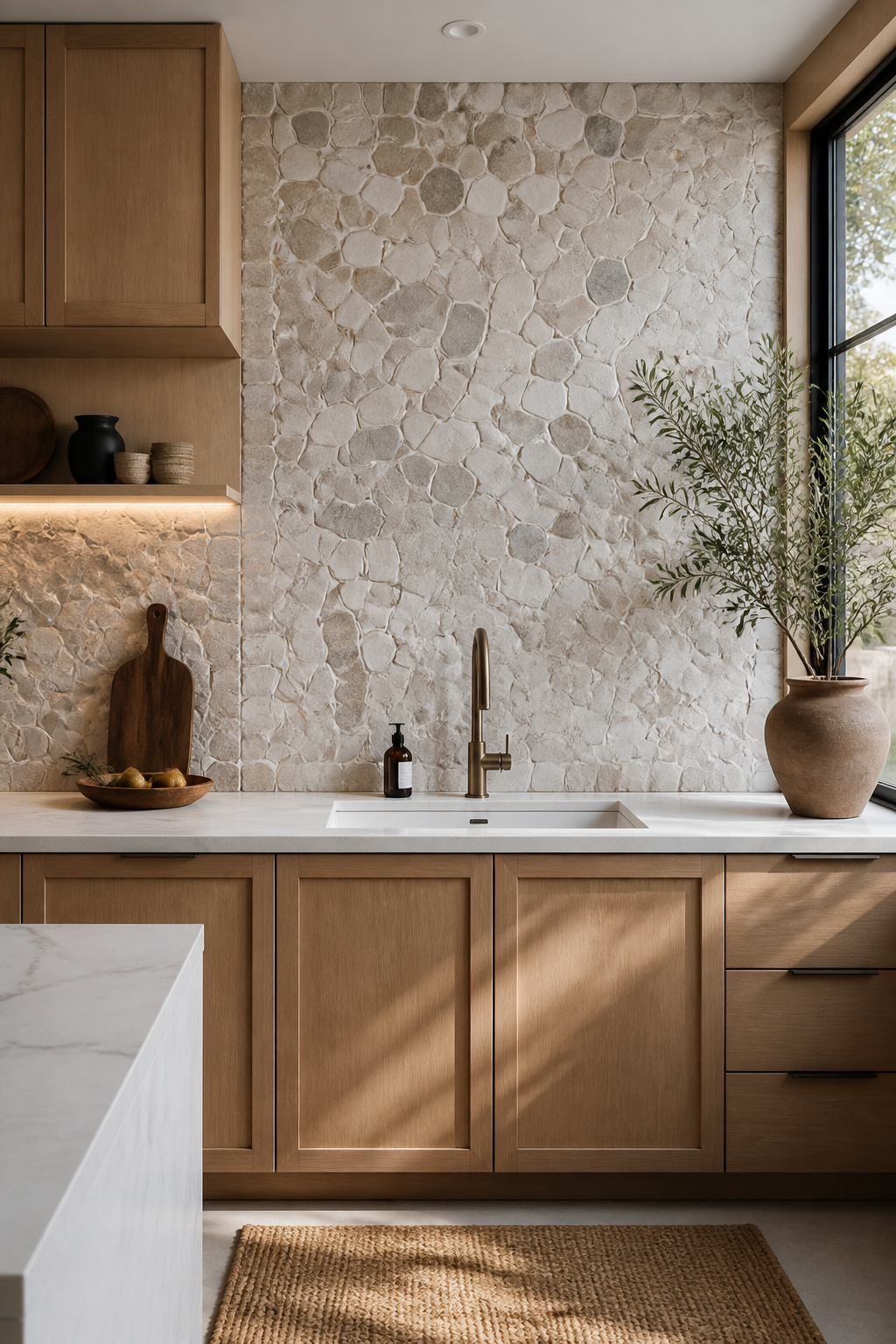 Marble chip offcut mosaic tiles in a random setting create a kitchen backsplash with genuine organic character — each piece's individual veining contributing to a surface that reads as genuinely natural.