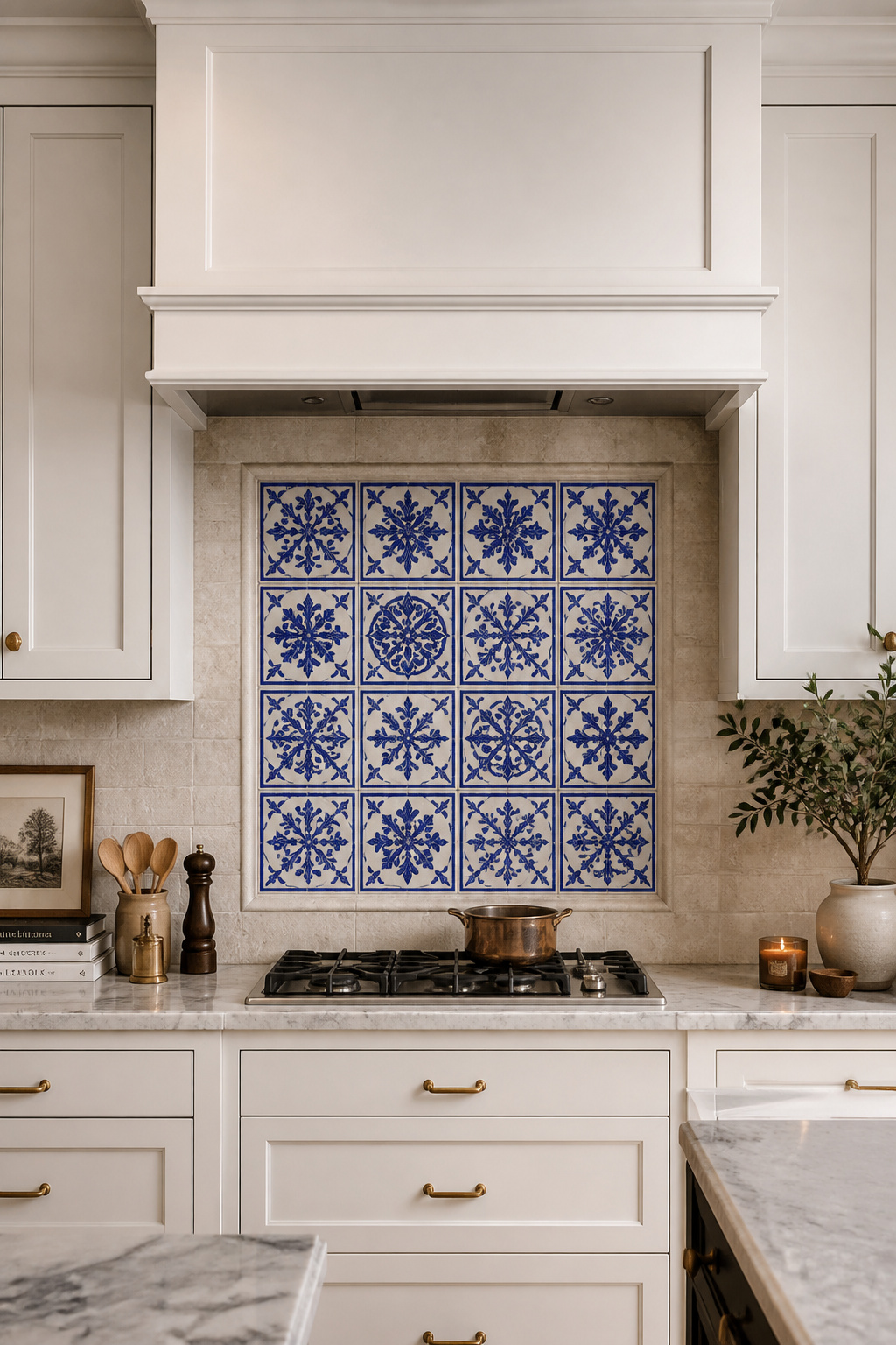A framed panel of handpainted Portuguese azulejo tiles becomes kitchen wall art — sixteen individually painted pieces creating a backsplash no algorithm could replicate.