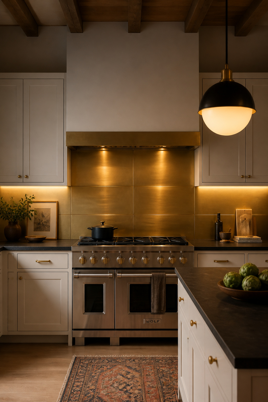 Brushed brass metal tile panels bring warm professional kitchen energy to a residential space — the directional grain of the finish reading considered and material-rich.