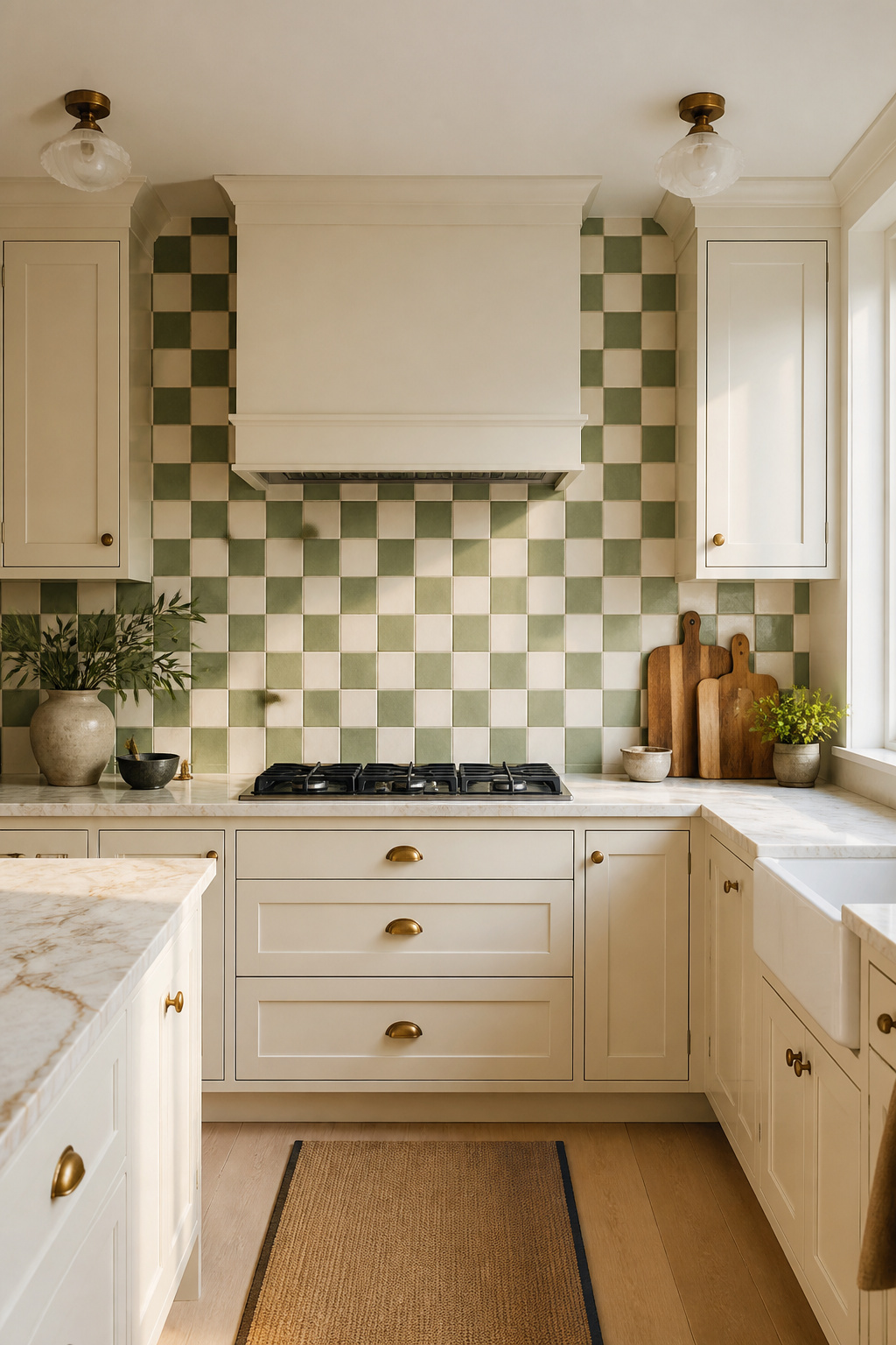 A sage green and cream checkerboard tile backsplash brings graphic confidence to a contemporary kitchen — the classic pattern entirely renewed by a contemporary colour palette.