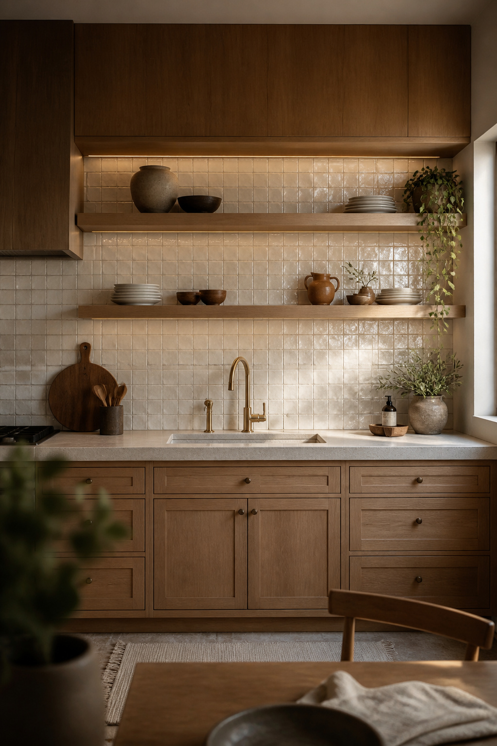 Handmade Moroccan zellige tiles bring individual glaze variation and luminous shimmer to a kitchen backsplash — the artisan quality that machine-made tile cannot replicate.