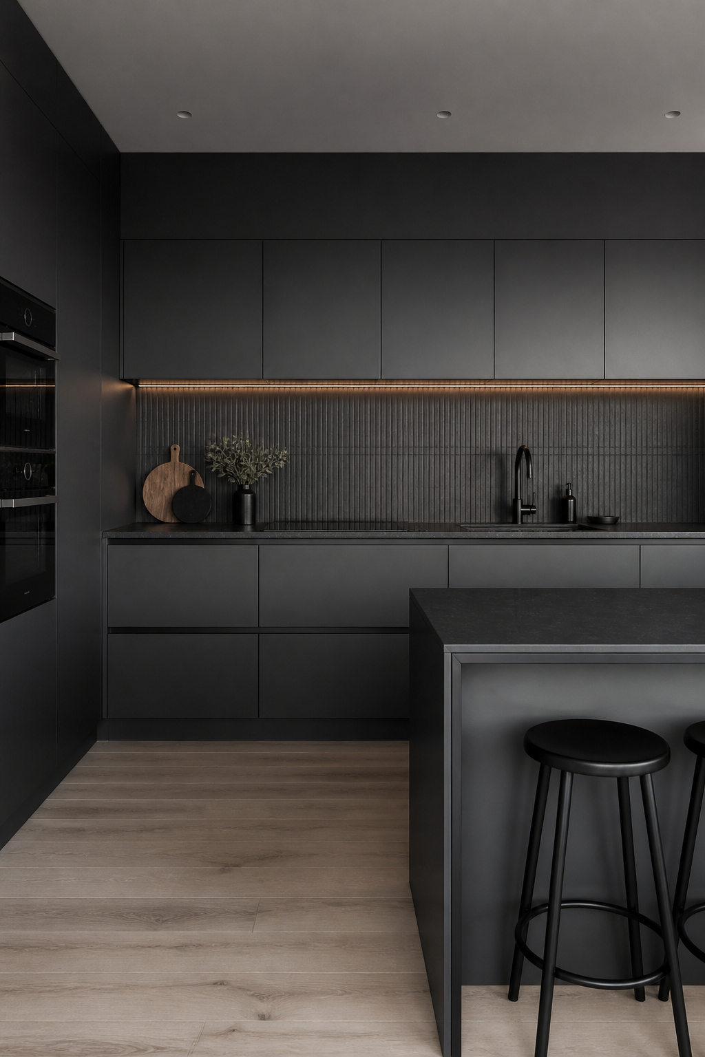 A fully monochromatic kitchen in deep slate grey — matte cabinetry and ribbed satin tile in the same colour, the material difference carrying the design where contrasting colour cannot.