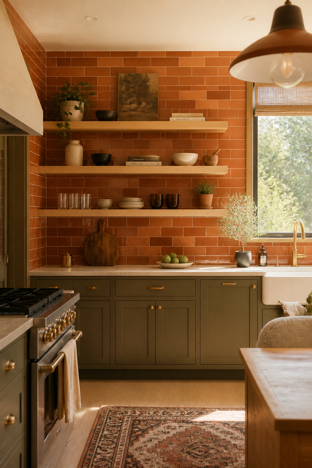 Glazed terracotta subway tiles in warm burnt-orange anchor a kitchen palette of sage green, white oak, and unlacquered brass — earthy warmth returning to the modern kitchen.
