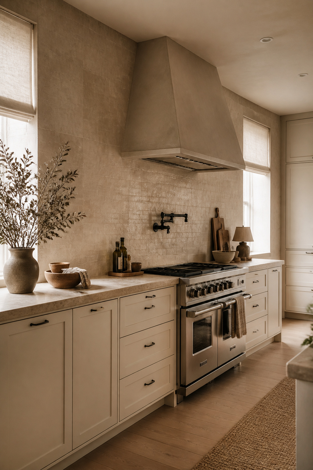 Limewash plaster-effect ceramic tiles in warm taupe create a soft, layered kitchen wall that feels aged and considered — the antithesis of high-gloss kitchen surfaces.