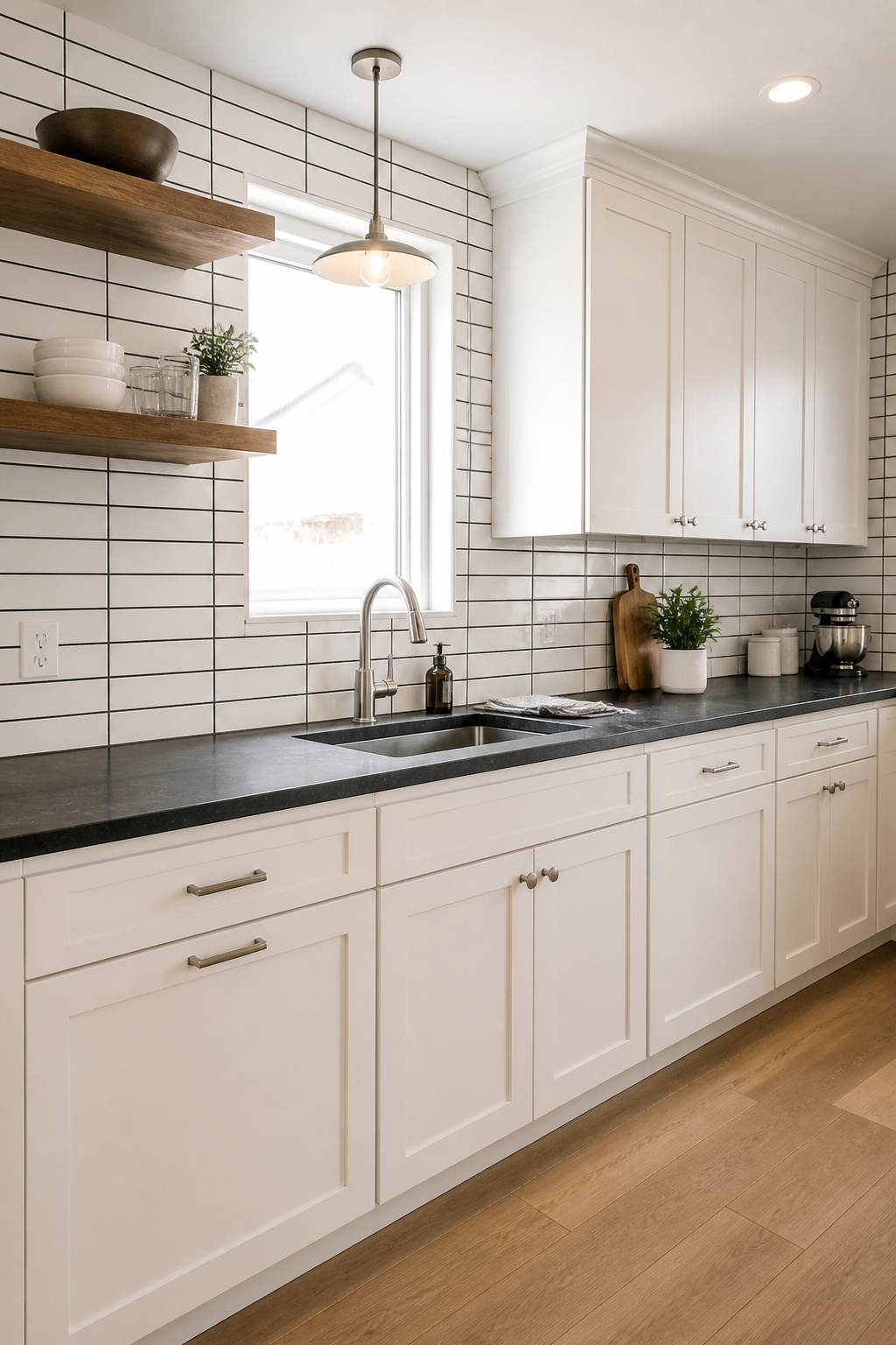 Elongated 4x12 white subway tiles with bold charcoal grout transform a classic tile into a graphic kitchen backsplash statement — the dark grout lines doing all the design work.