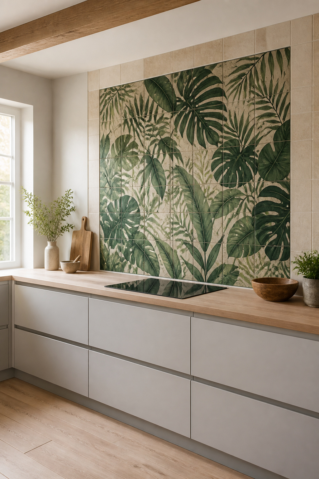 Large-format botanical ceramic tiles in deep forest green and sage bring a garden richness to the kitchen backsplash — framed by plain limestone tile so the pattern reads as art.