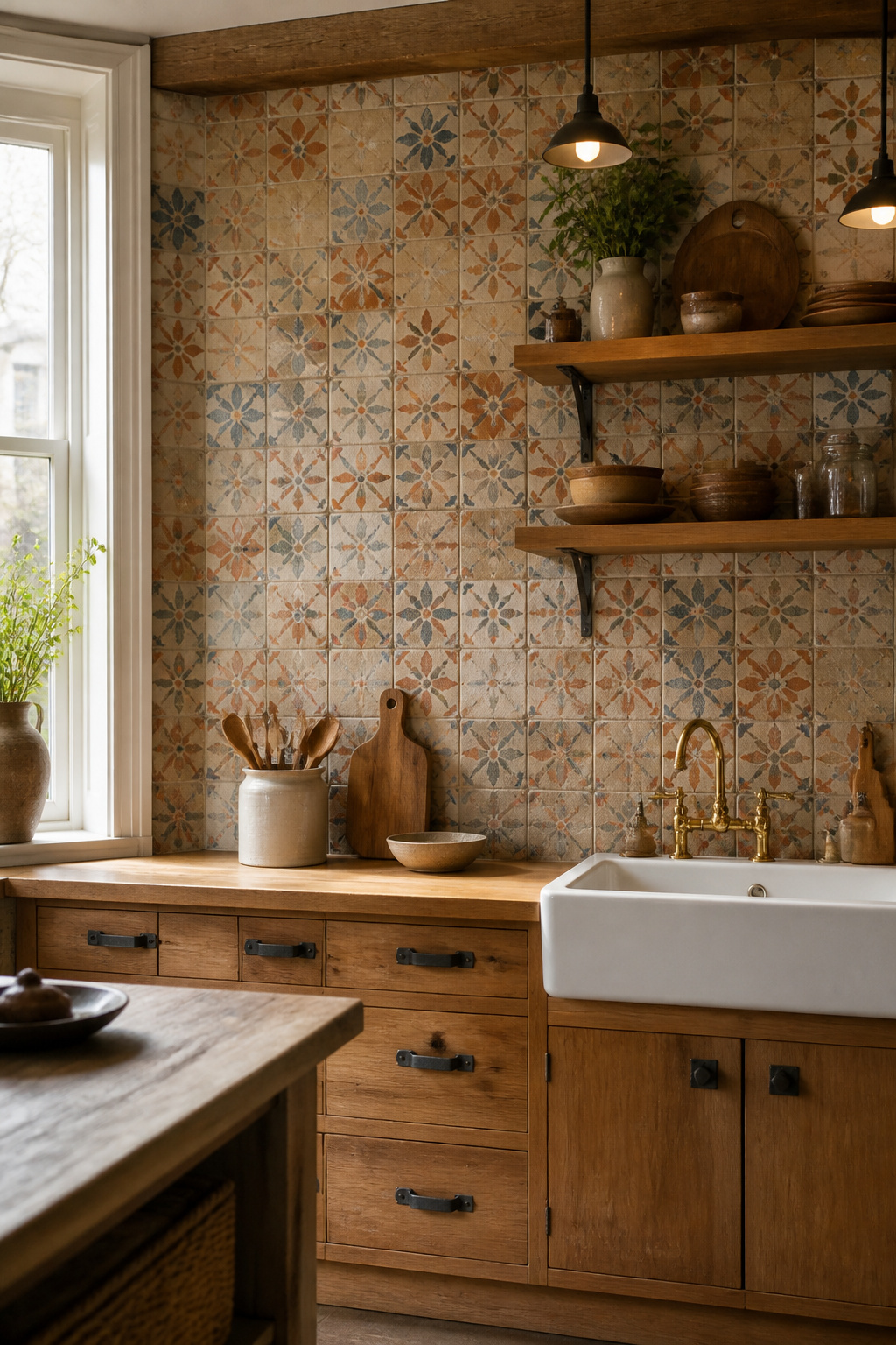 Reclaimed Victorian-era encaustic and glazed cement tiles — mixed sizes, varied aging, and individual wear patterns — create a kitchen backsplash impossible to replicate with new materials.
