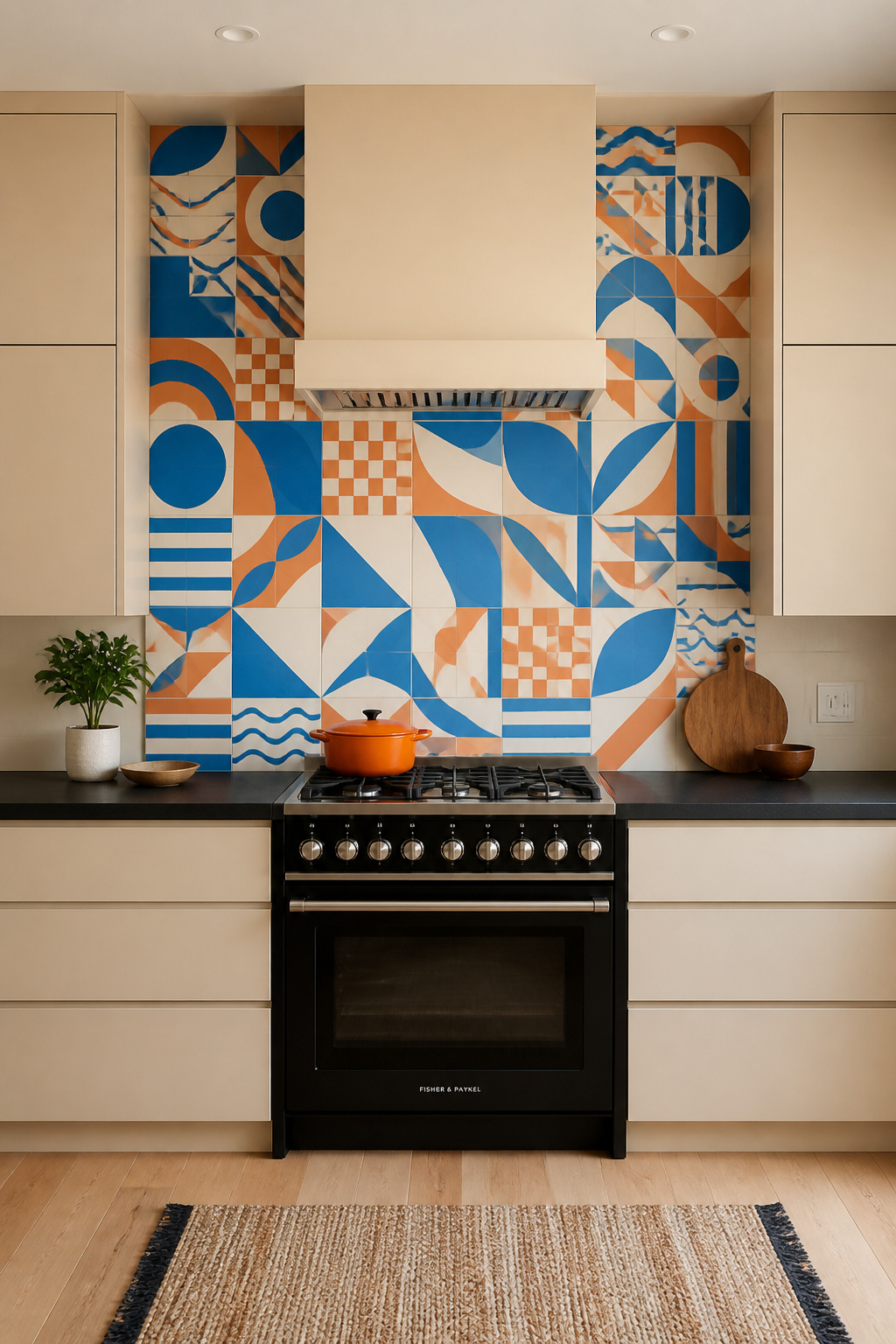 A wall of geometric abstract tiles in cobalt, terracotta, and cream demands the whole kitchen be quiet around it — maximalist commitment at its most resolved.