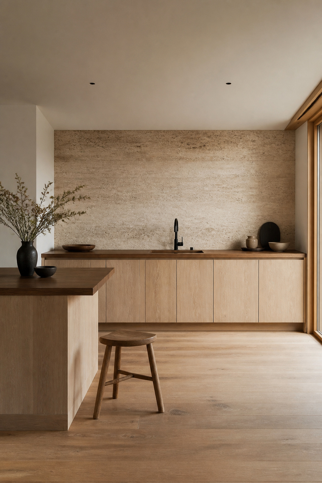 A honed travertine backsplash in warm sand tones anchors a Japandi kitchen of natural ash cabinetry and cedar countertop — restraint, natural material, and beauty in imperfection.