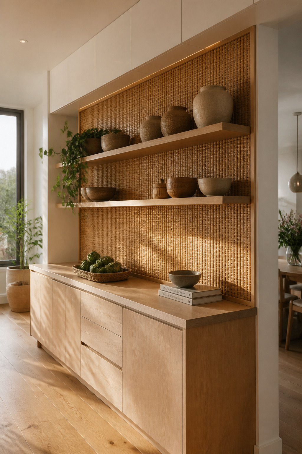 A natural rattan weave panel on a kitchen flanking wall brings organic warmth and tactile texture to a space otherwise defined by lacquered cabinets and smooth stone surfaces.