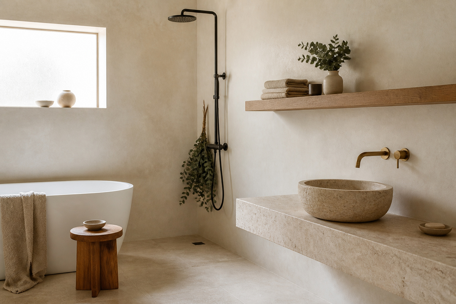 A serene Scandinavian bathroom combining limewash plaster, floating white oak shelving, a teak stool, and a travertine vessel basin in calm morning light.