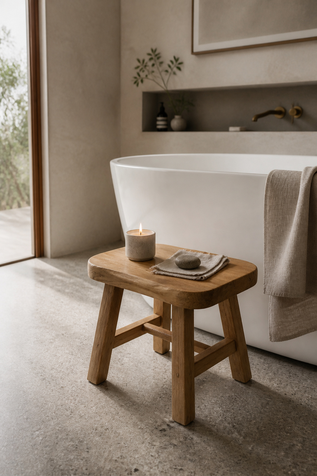 An untreated teak stool beside a freestanding tub holds a curated trio of objects — candle, stone, linen — in a classic Nordic bathroom composition.