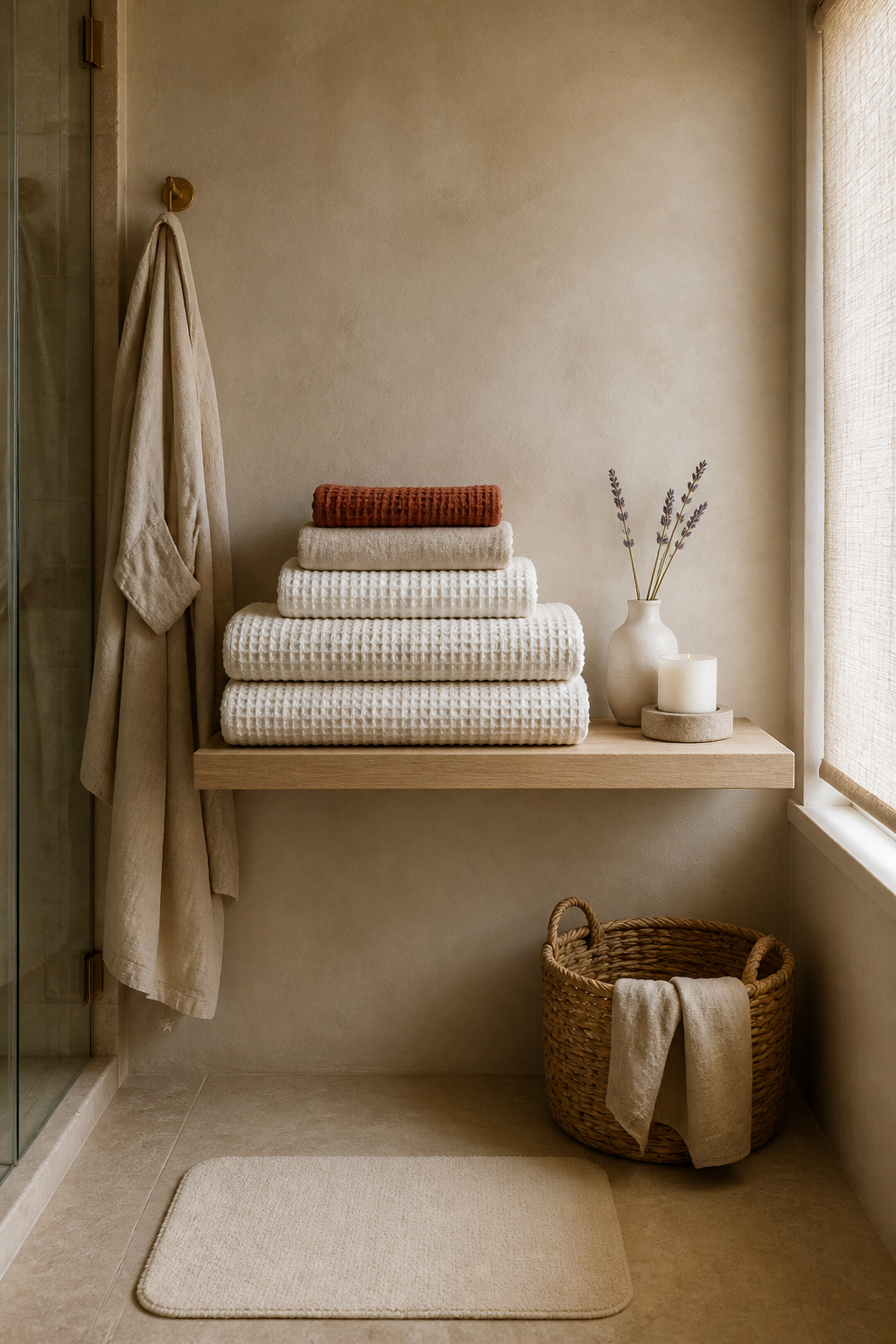 Stacked waffle-weave and linen towels in Nordic neutrals on a white oak shelf create a hygge bathroom textile composition that is as functional as it looks.