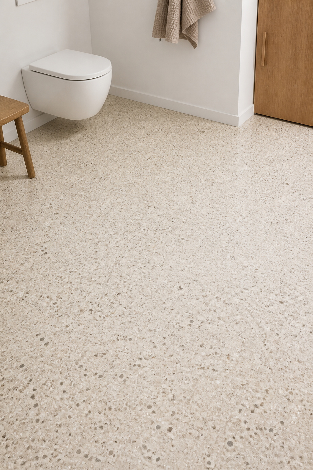 Micro terrazzo in a warm cream base with natural aggregate reads as quietly textured underfoot — the Nordic bathroom's most considered floor choice.