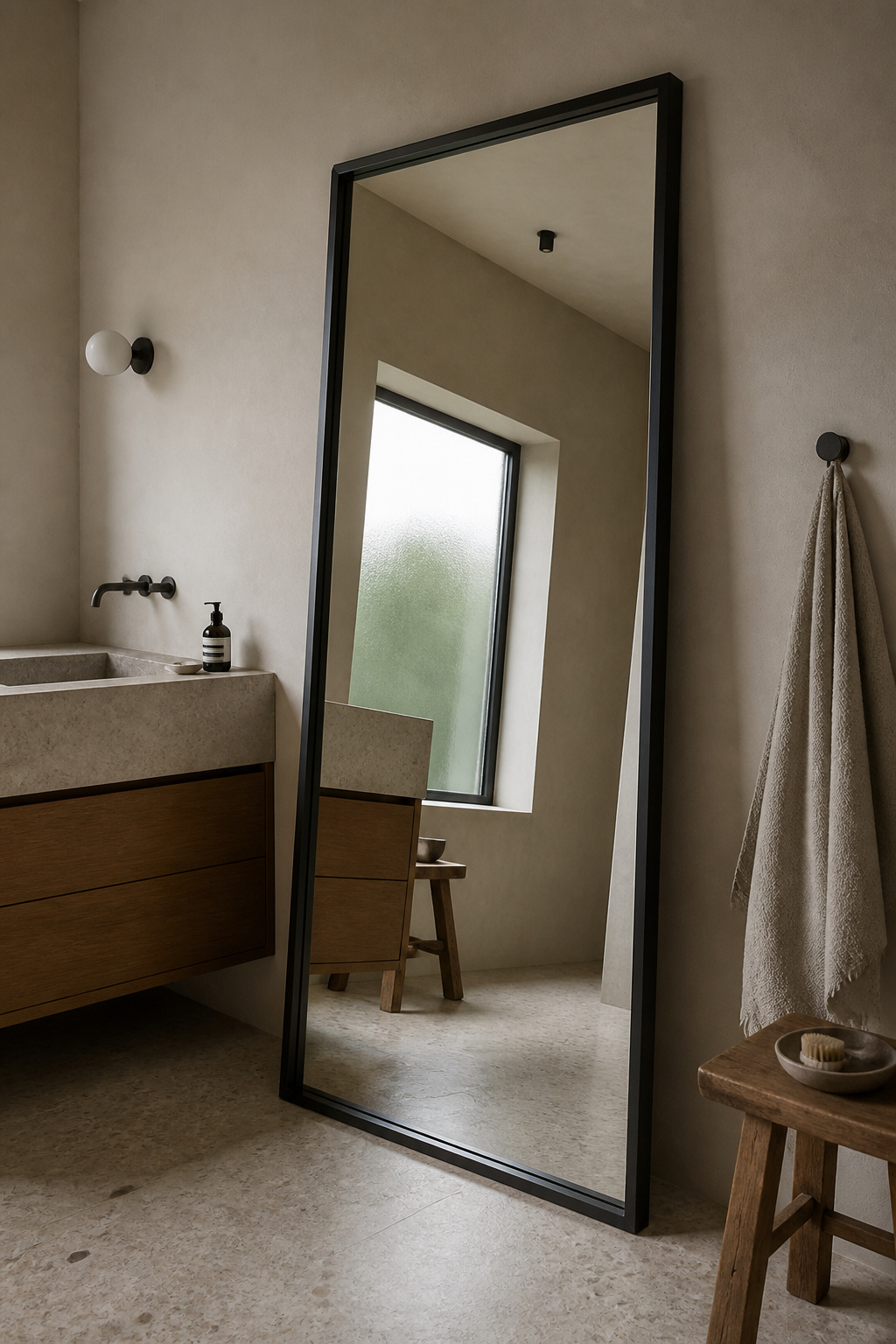 A full-length blackened-steel framed mirror leaning against a limewash wall doubles the light and perceived depth of a Nordic bathroom.