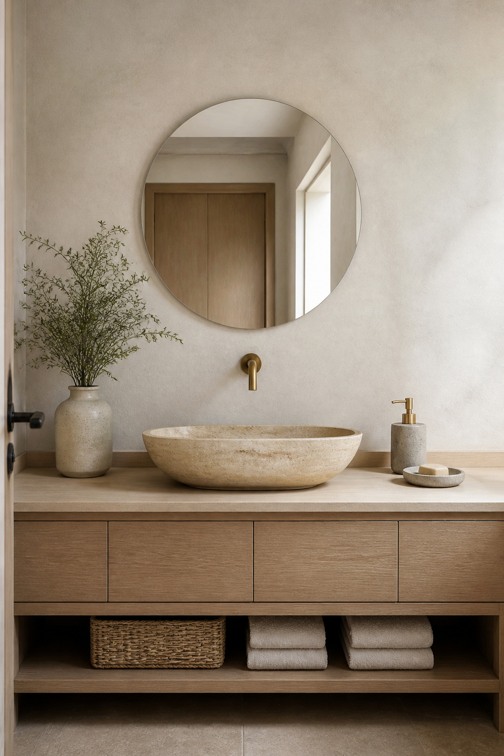 A honed travertine vessel basin paired with a wall-mounted brushed brass spout brings sculptural calm to a Nordic bathroom vanity.