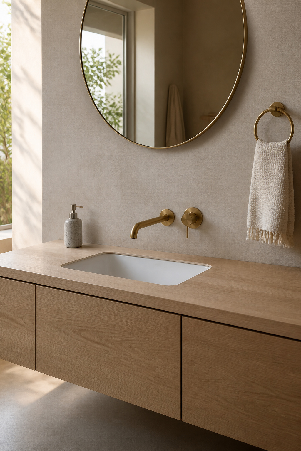 A brushed brass wall-mounted tap above a white undermount basin creates a clean, warm vanity composition with material coherence.