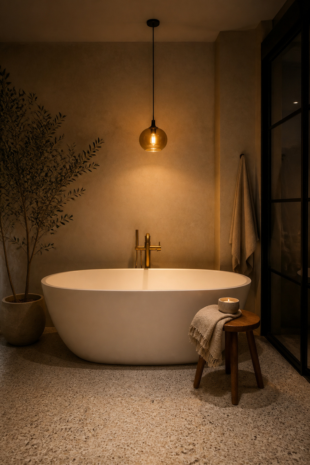 A smoked amber glass pendant light above a white freestanding tub makes the tub the room's unambiguous focal point in a Nordic bathroom retreat.