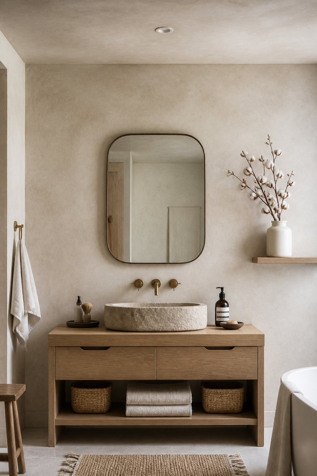 Limewash plaster in warm off-white creates a bathroom wall with shifting, organic depth — the standout surface treatment in Nordic bathroom design.
