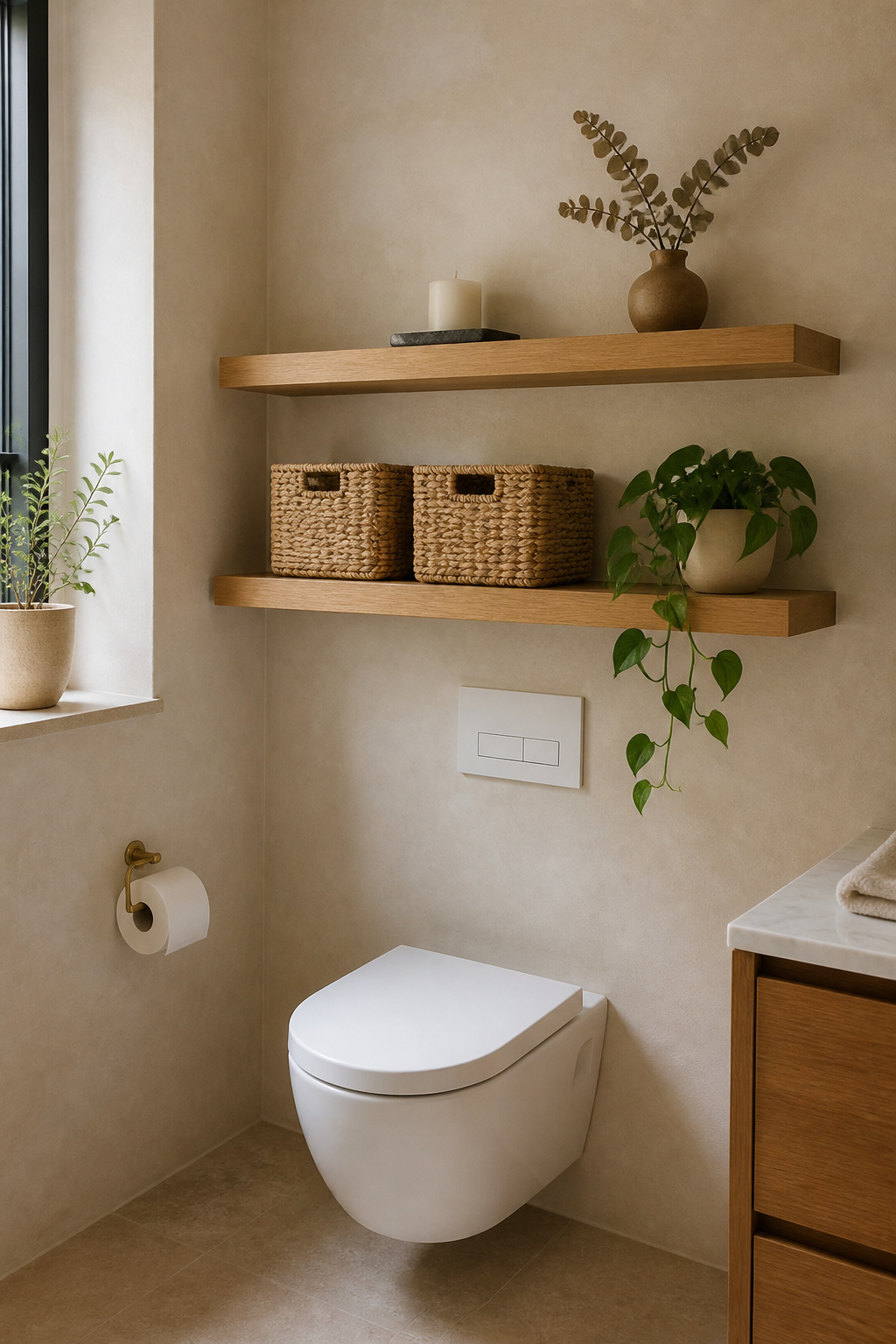 Floating white oak shelves above a wall-hung toilet bring practical storage and material warmth to a bathroom's most underused vertical surface.