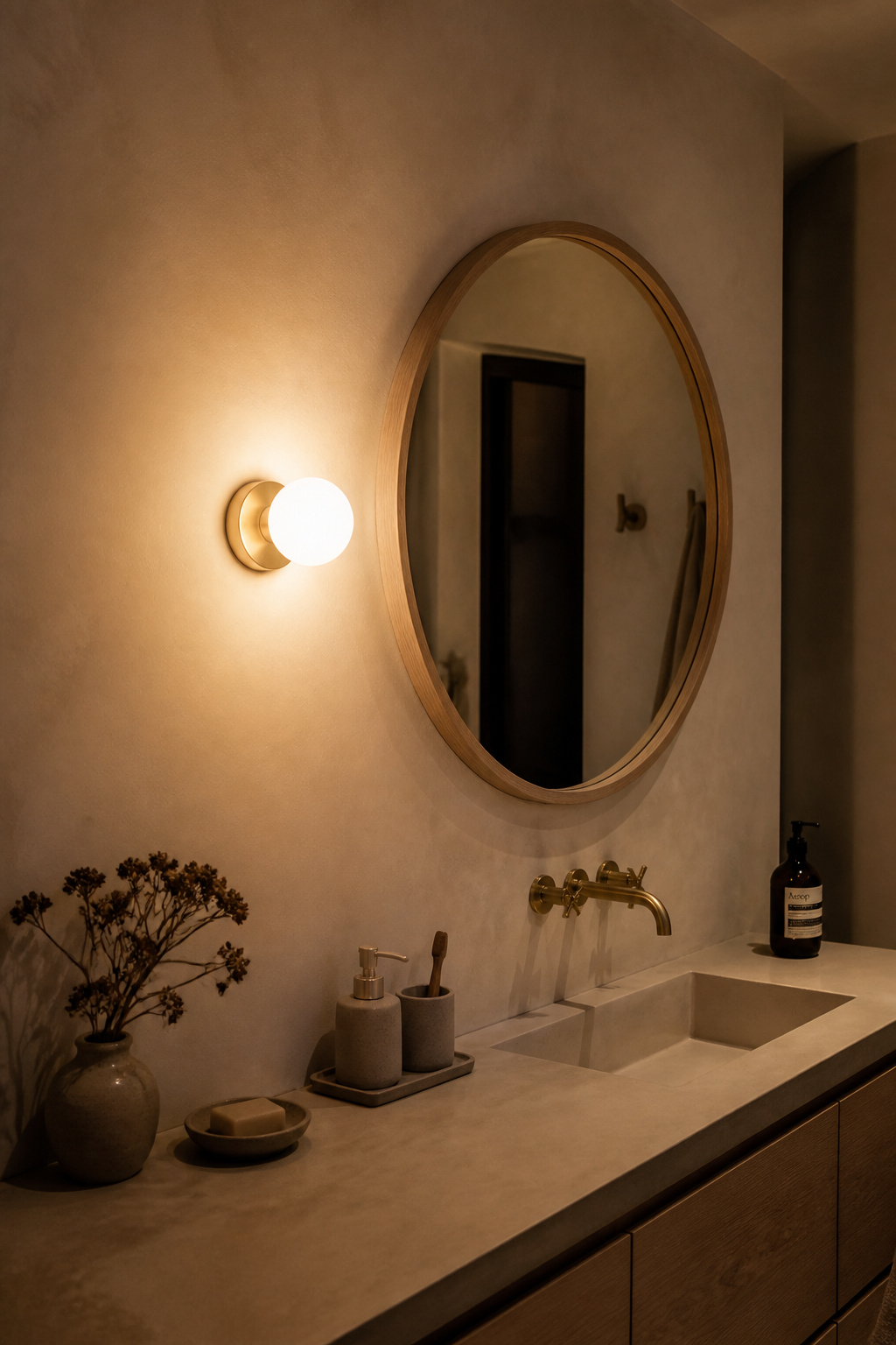 A brushed brass wall sconce at mirror height creates the lateral, shadow-free illumination that transforms a Nordic bathroom from utility to retreat.