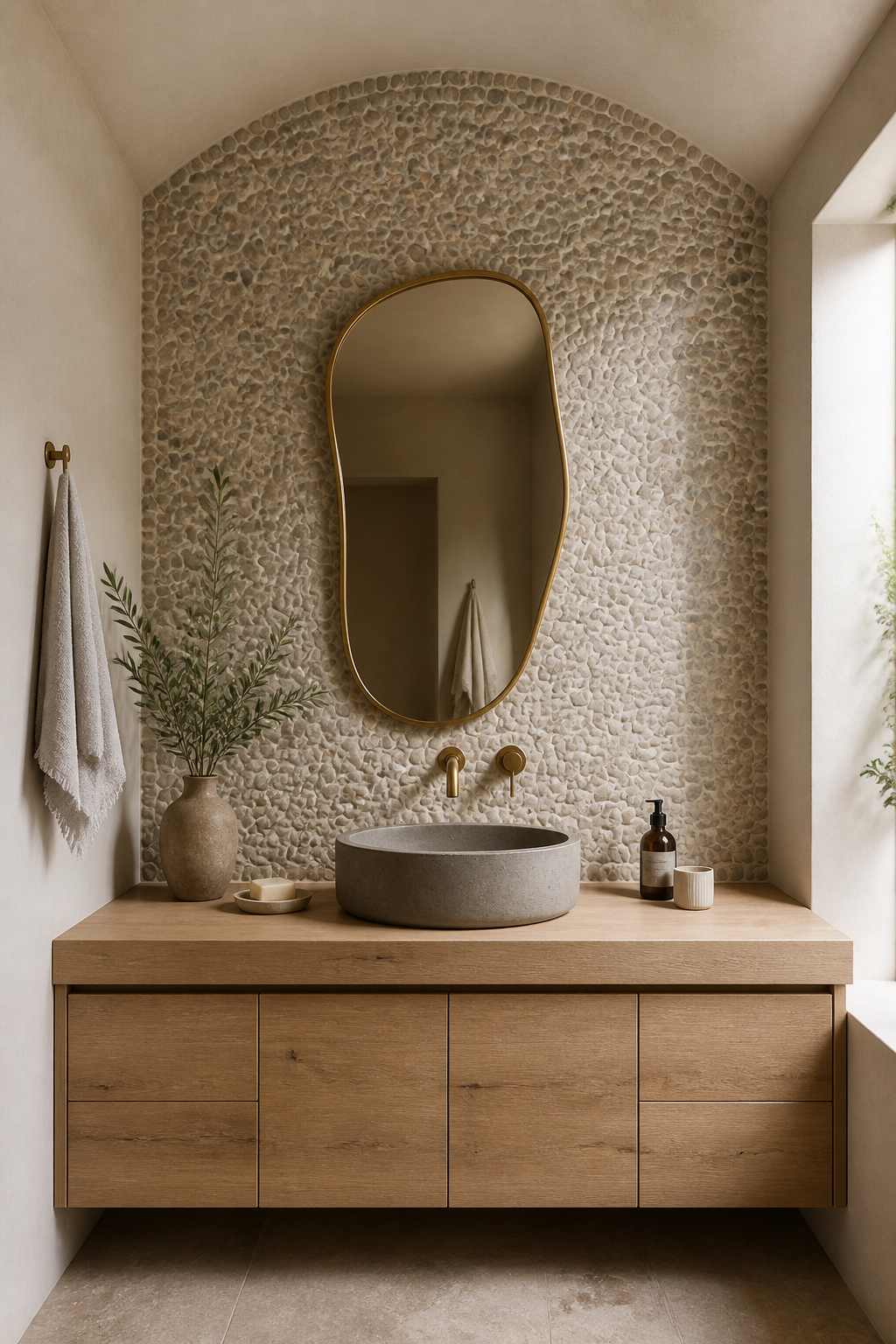 A river pebble mosaic splashback in warm grey and cream tones brings organic, nature-connected texture to a Nordic bathroom basin zone.