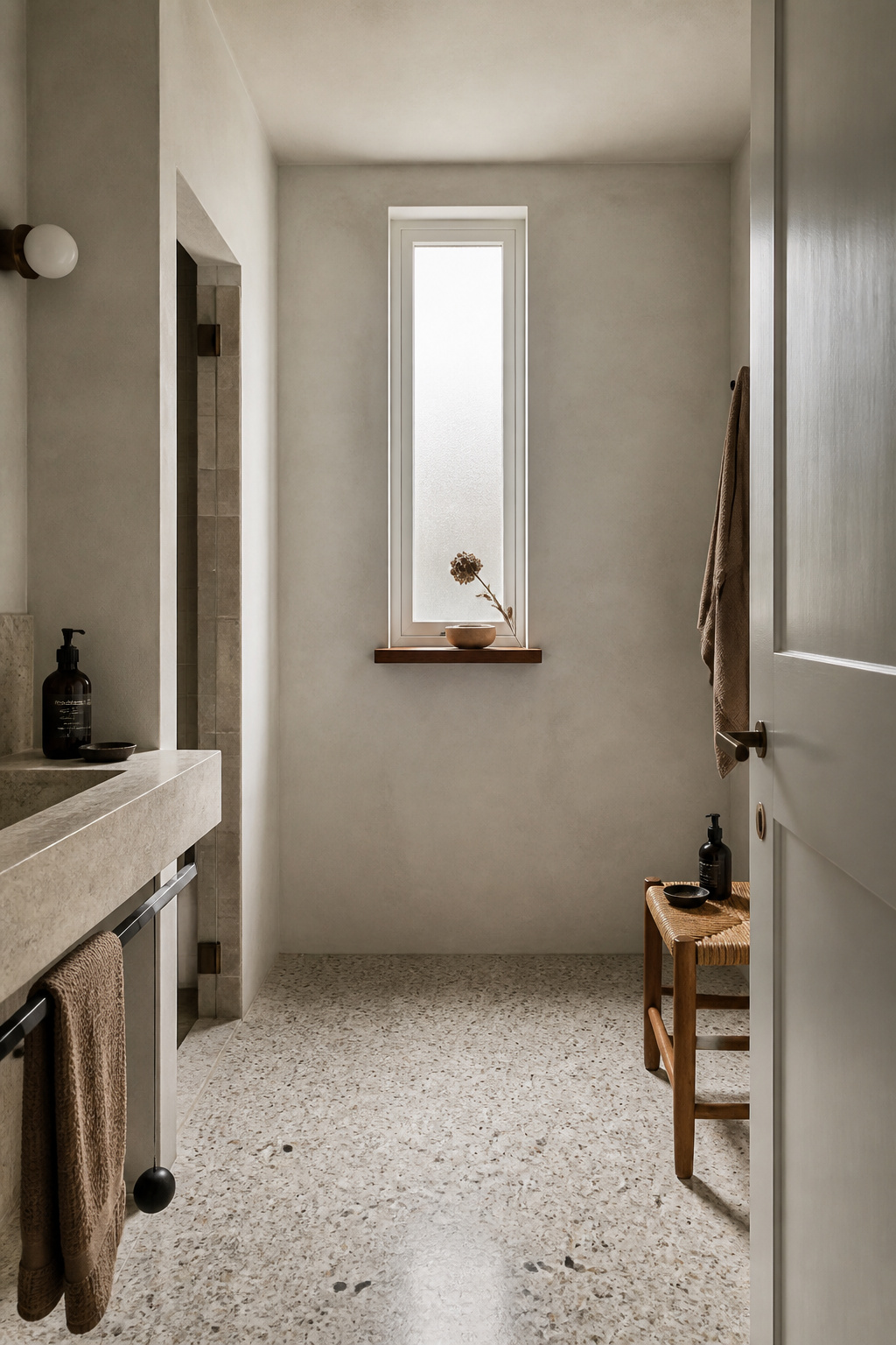 A frosted narrow window set high on a limewash wall fills a Nordic bathroom with diffused, even natural light without sacrificing privacy.