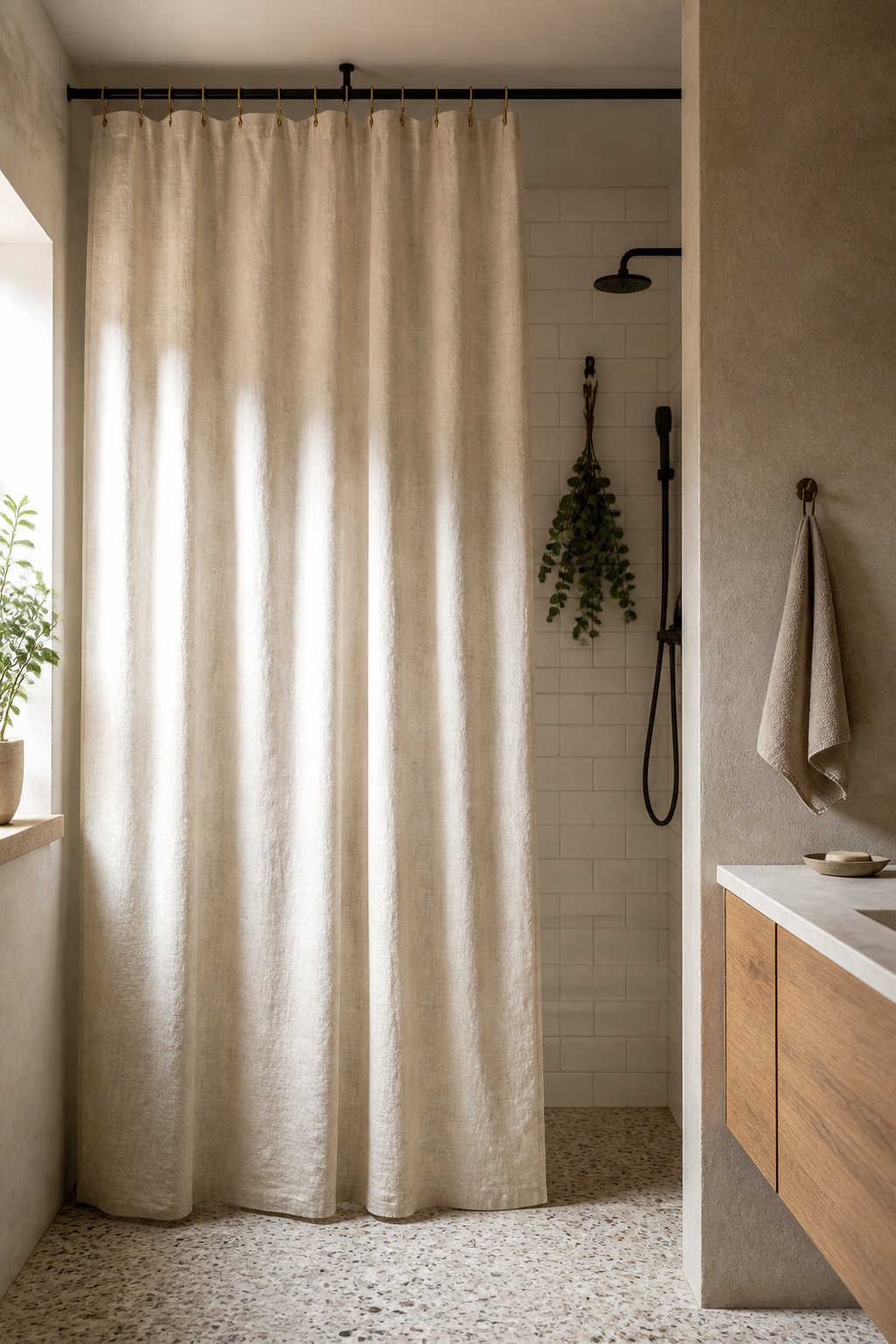 A natural linen shower curtain on a ceiling-mounted track softens the hard lines of tile and fittings with organic drape and warm texture.