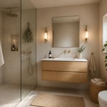 The complete small bathroom decorating scheme: floating oak vanity, flanking sconces, frameless mirror, eucalyptus in the shower, and linen textiles — a spa-quality bathroom achieved in a compact footprint.