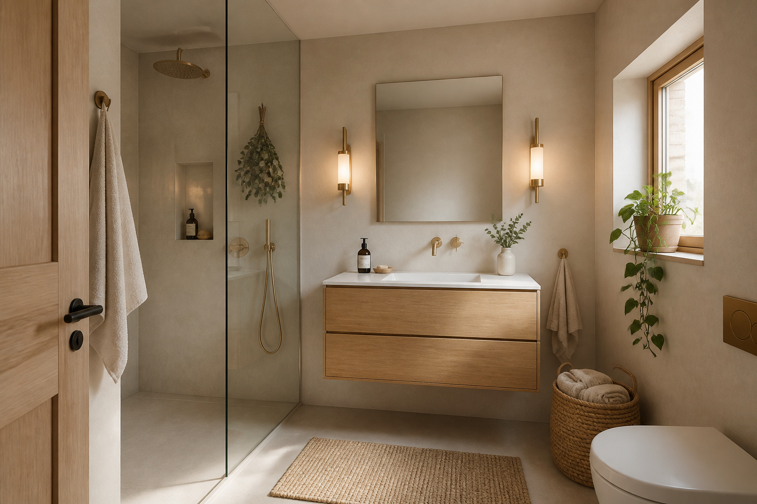 The complete small bathroom decorating scheme: floating oak vanity, flanking sconces, frameless mirror, eucalyptus in the shower, and linen textiles — a spa-quality bathroom achieved in a compact footprint.