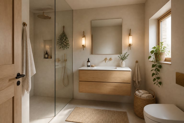 The complete small bathroom decorating scheme: floating oak vanity, flanking sconces, frameless mirror, eucalyptus in the shower, and linen textiles — a spa-quality bathroom achieved in a compact footprint.