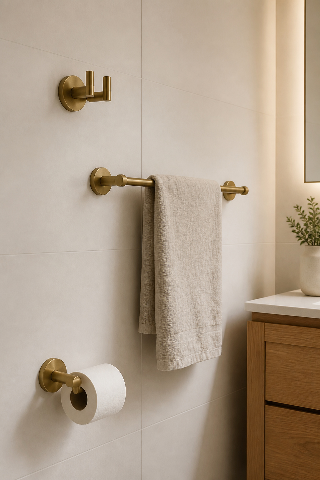 Three hardware pieces in identical brushed brass finish — robe hook, towel bar, toilet roll holder — demonstrate how finish consistency creates visual calm in a small bathroom where every element is simultaneously visible.