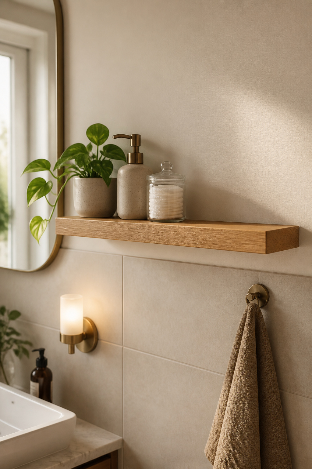 A single oak floating shelf styled with restraint — plant, ceramic, negative space — demonstrates how wall-mounted shelving solves both storage and decoration in one move.