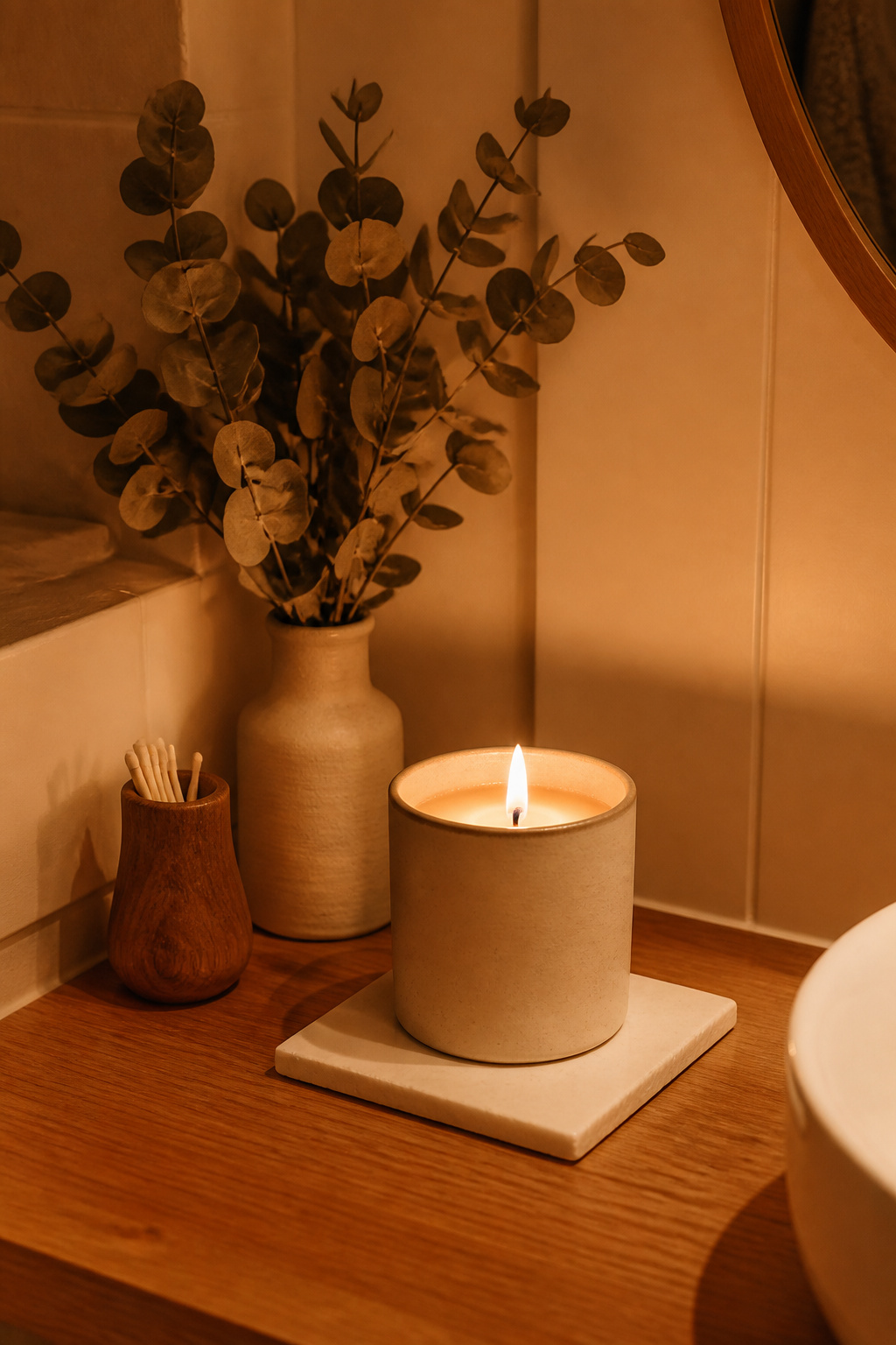 A soy candle in a matte ceramic vessel, placed on a tile offcut beside a dried eucalyptus arrangement, demonstrates how the olfactory dimension completes a spa atmosphere that visual design alone cannot achieve.