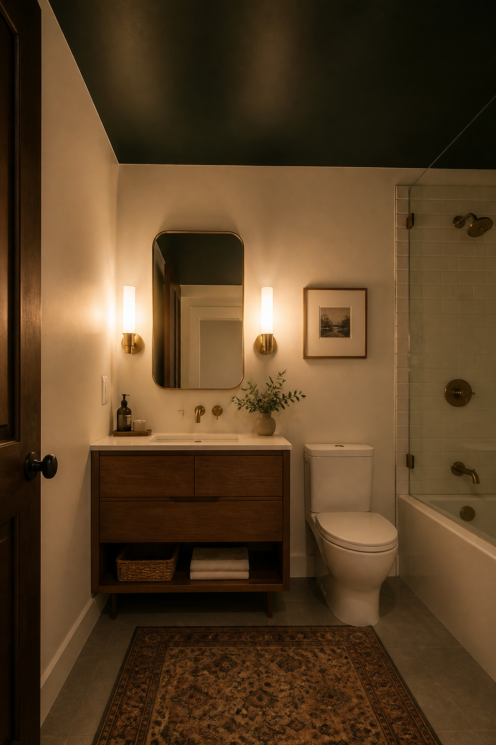 A deep forest green ceiling with warm flanking sconces creates the 'jewellery box' effect — intimate and deliberate — that transforms a small bathroom from a room you pass through to one you stay in.