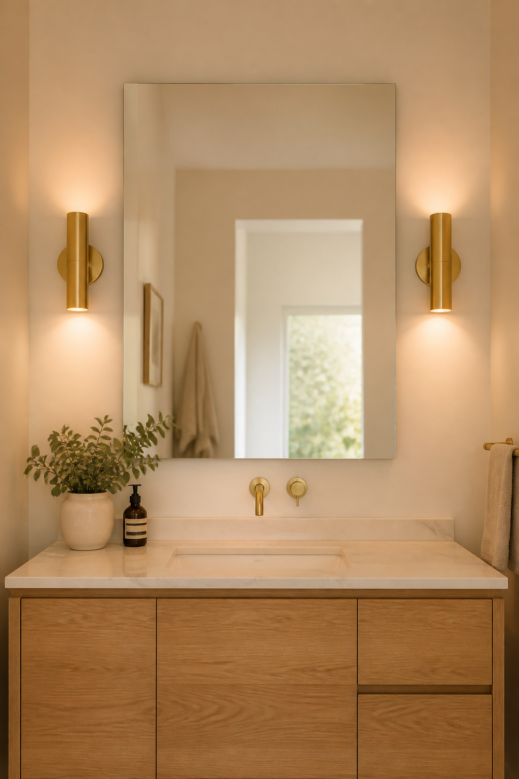 Two flanking sconces at face height provide cross-illumination that eliminates the downward shadows cast by overhead lights — the most impactful single change available in any bathroom.