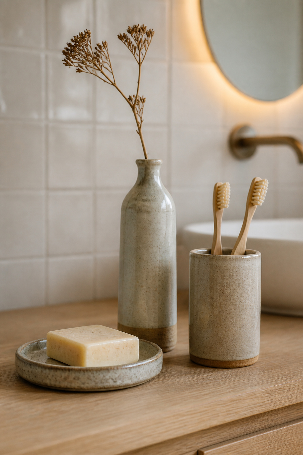 Three artisan stoneware pieces — varied heights, related tone, intentional grouping — demonstrate the difference between a considered counter and one that simply holds things.
