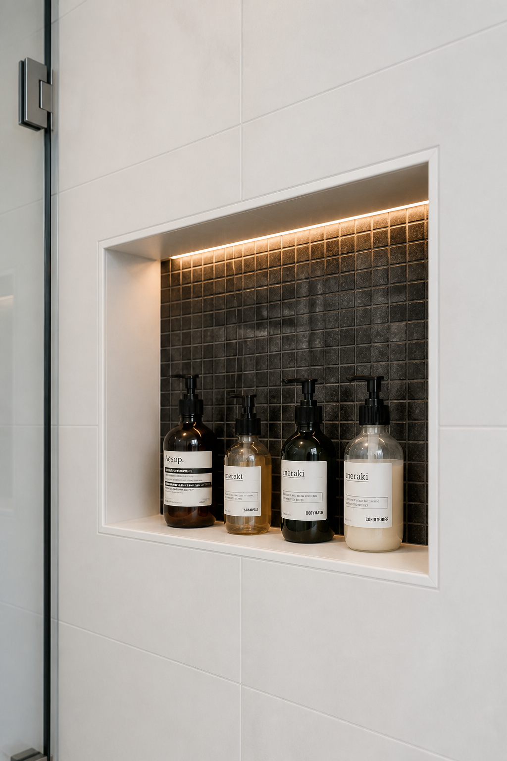 A recessed niche with contrasting dark interior tile turns a storage necessity into a designed architectural element — the detail that signals a considered rather than assembled bathroom.