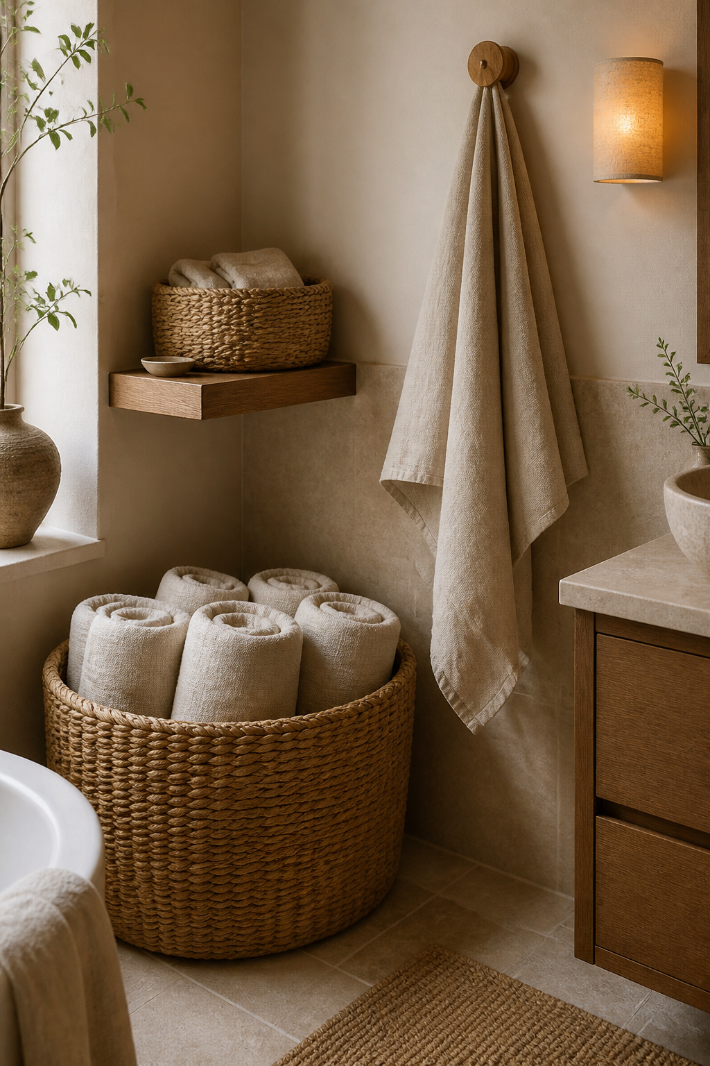 A seagrass basket with rolled linen towels and a hanging hand towel demonstrate how natural textiles transform bathroom storage from purely functional to genuinely spa-like.