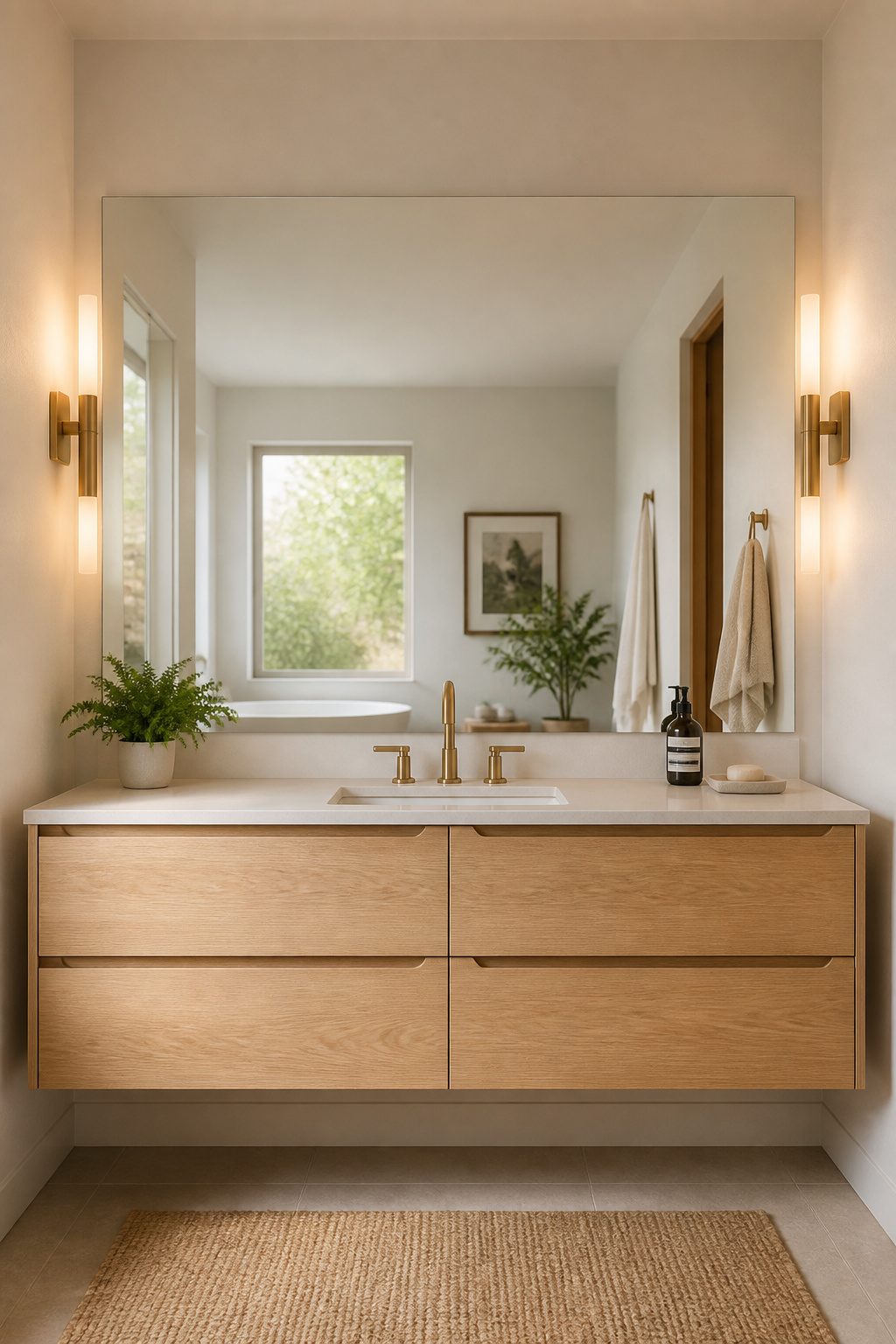 A frameless mirror sized to nearly the full vanity width reflects both natural and artificial light throughout the room, effectively doubling the perceived light and space.