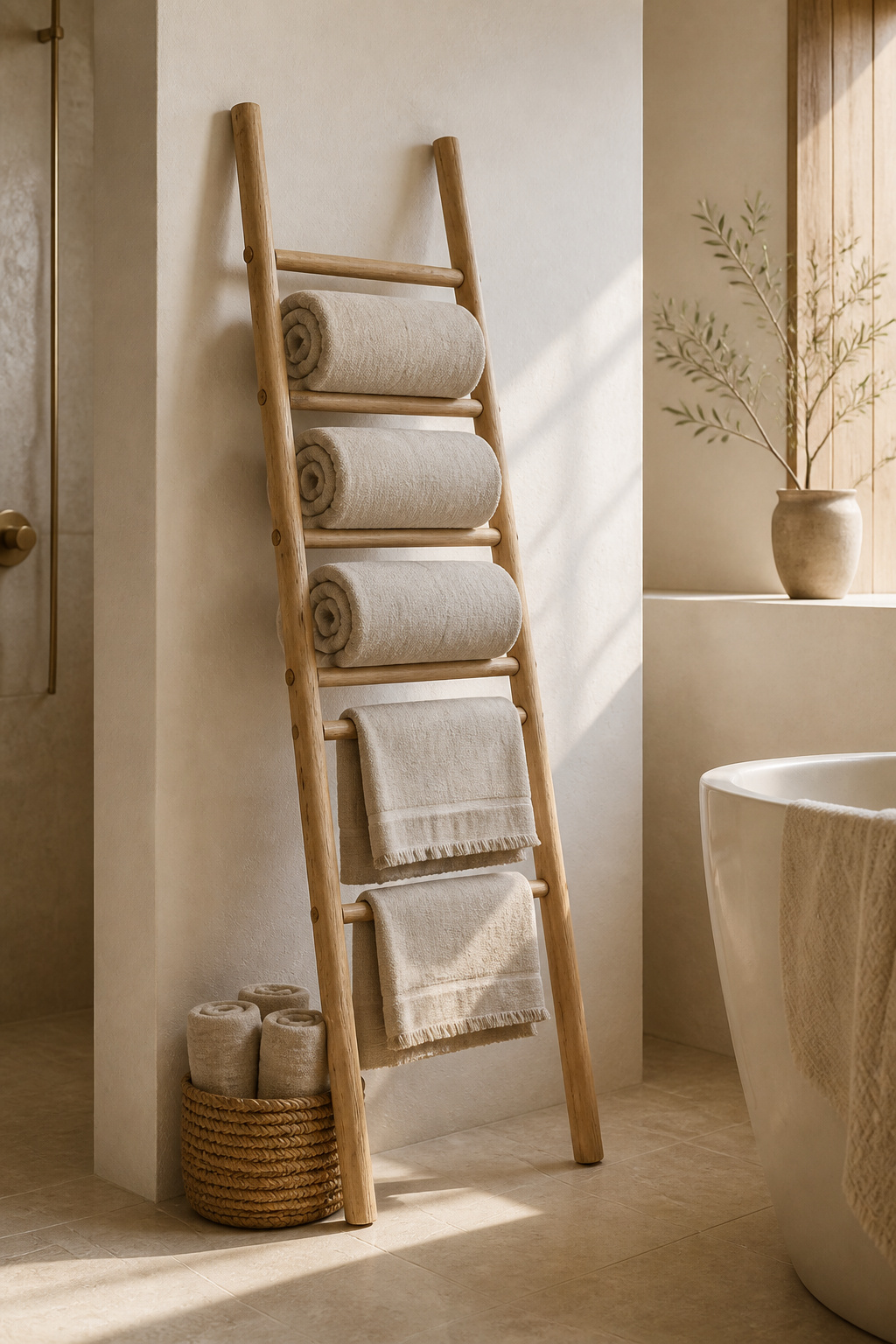 Uniformly rolled linen towels on a natural pine ladder rack — the hotel-spa approach applied at home — demonstrate how display consistency elevates a functional object into a design element.