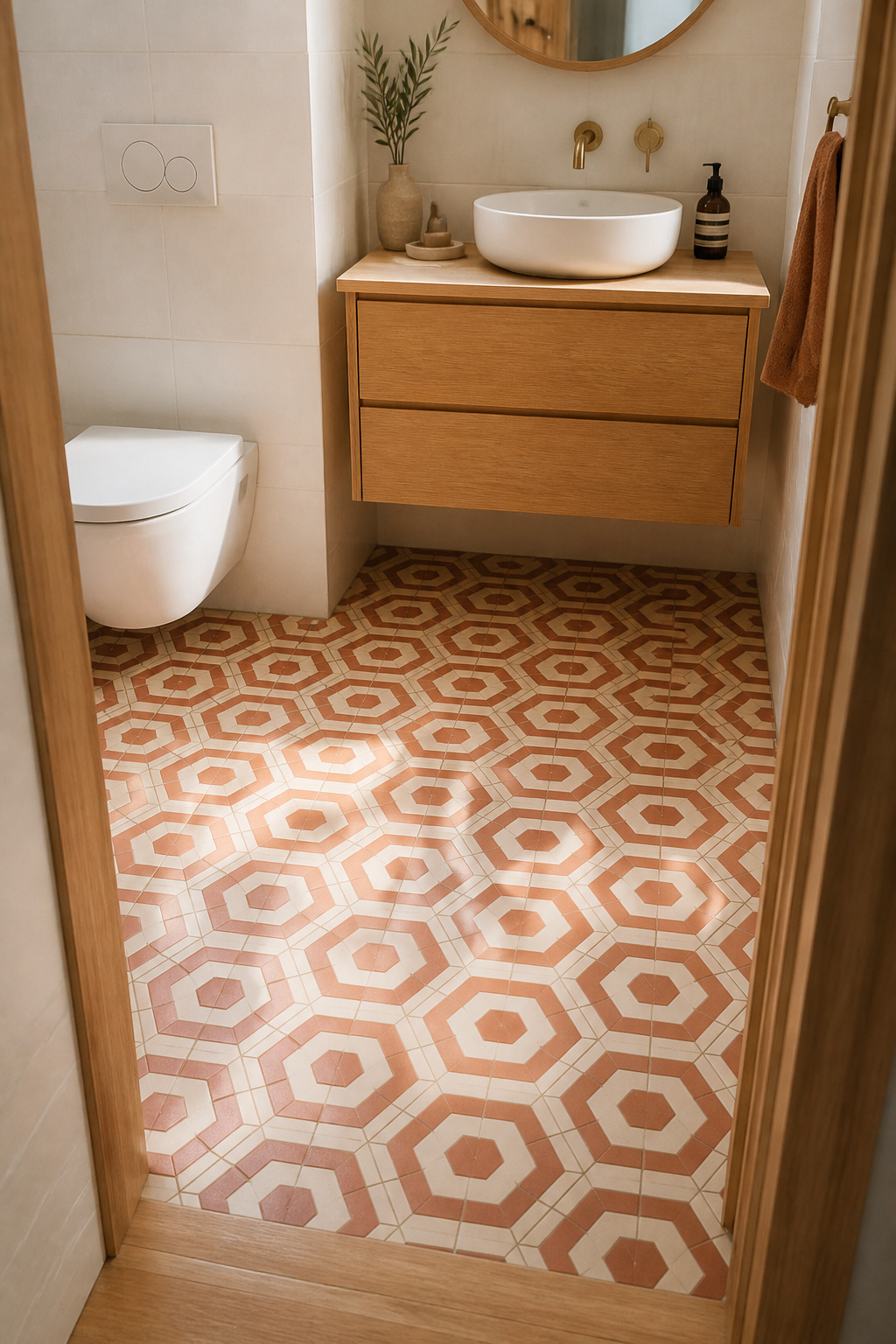 Encaustic cement hexagon tiles in terracotta and cream anchor this compact bathroom with pattern at the base layer — the most spa-like floor upgrade available that improves with age.
