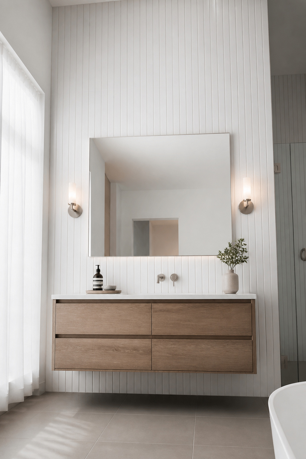 Vertical stack bond subway tiles on the vanity wall guide the eye upward along continuous joint lines, creating a convincing height illusion in this low-ceilinged small bathroom.