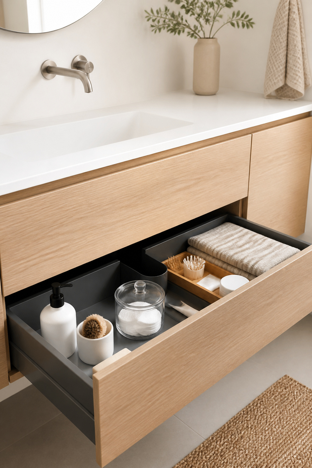 A pull-out drawer with decanted products in ceramic and glass containers — no brand packaging visible, counter completely clear — shows the storage principle that enables every other bathroom design decision.