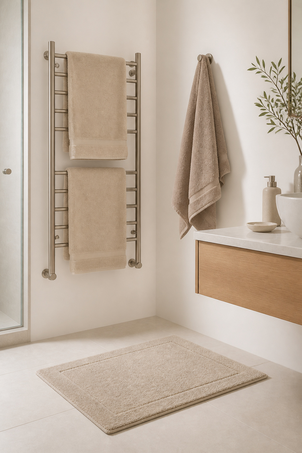Bath towels, a hand towel, and bath mat in a single warm linen-to-stone tonal palette demonstrate how textile coherence makes a small bathroom feel larger and more considered simultaneously.