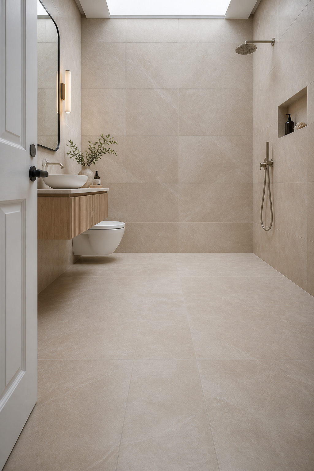 Colour-matched grout and 600x600mm tiles create a floor that reads as a single plane — the primary visual technique for making a small bathroom feel significantly larger than it is.