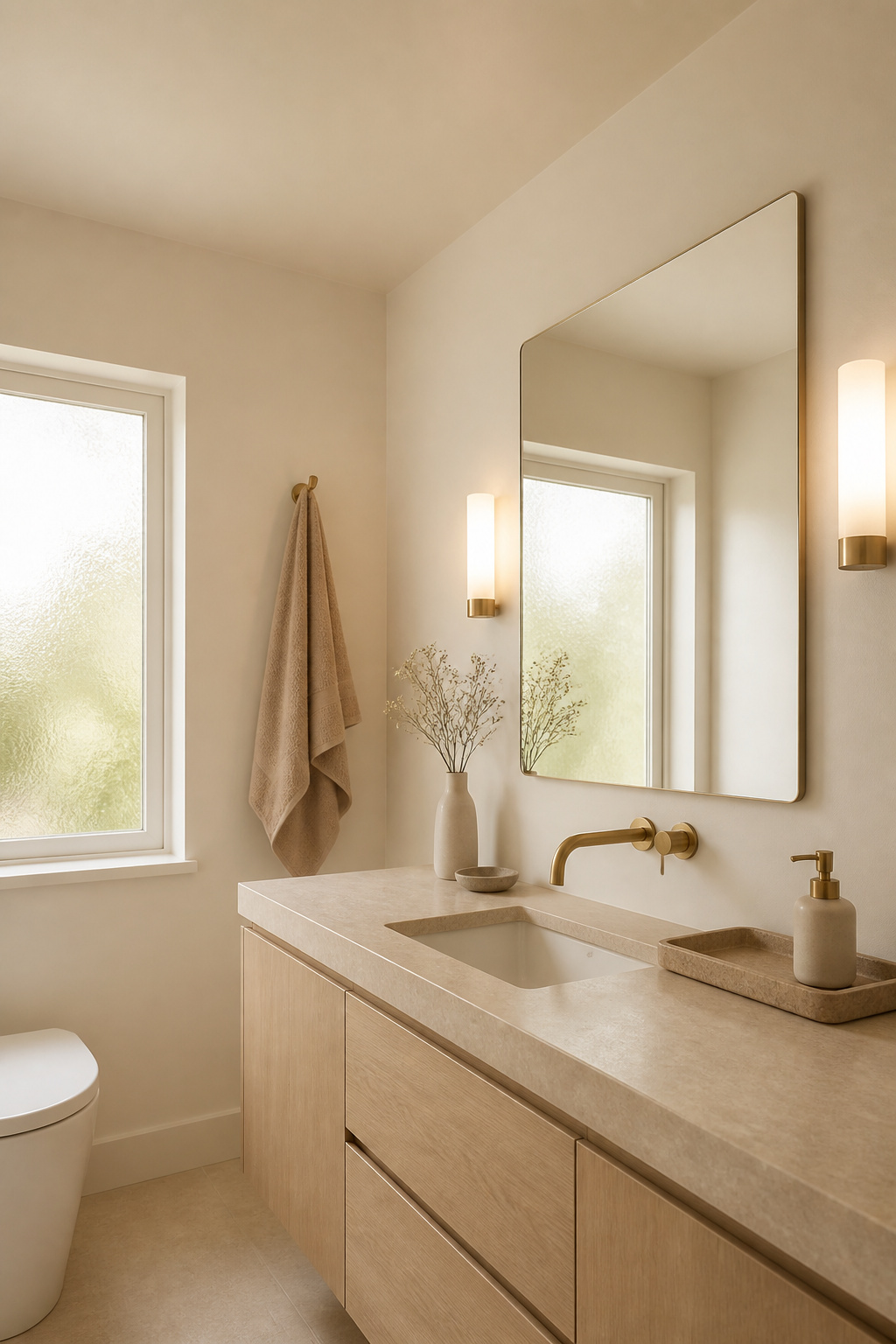 A warm white palette painted ceiling-to-floor — walls and ceiling in the same tone — dissolves the visual boundary and makes this compact bathroom feel open and intentional.