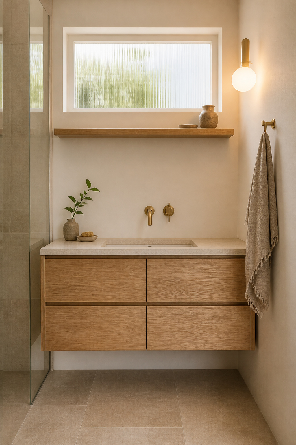 A floating white oak vanity demonstrates how a single wood-tone element transforms the emotional register of a tiled bathroom from clinical to genuinely warm.
