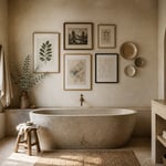 A spa-like bathroom featuring a curated gallery wall of botanical prints, vintage illustrations, and ceramic wall plates above a freestanding stone tub — the definitive guide to bathroom art decor that creates a personal retreat.