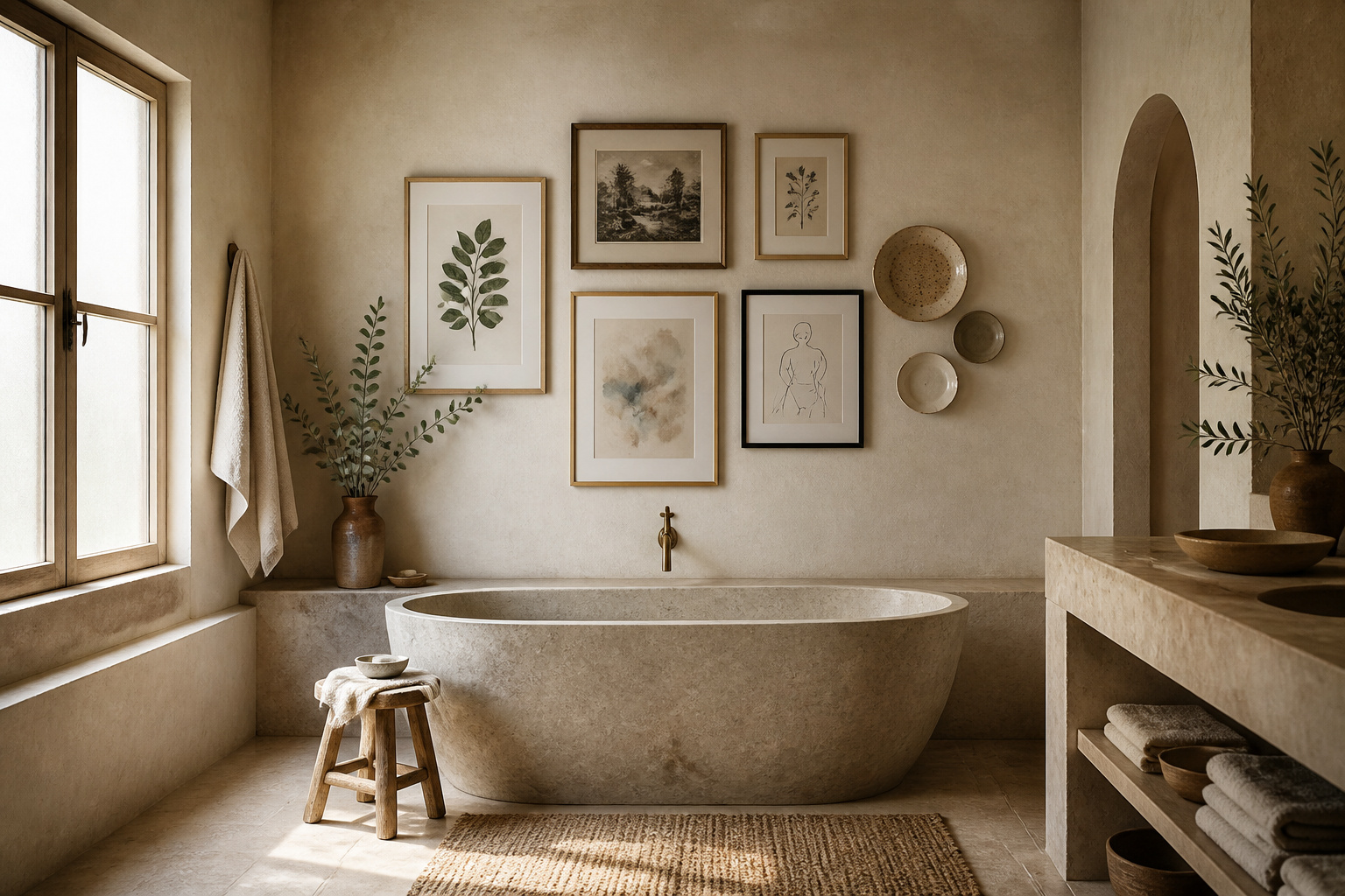 A spa-like bathroom featuring a curated gallery wall of botanical prints, vintage illustrations, and ceramic wall plates above a freestanding stone tub — the definitive guide to bathroom art decor that creates a personal retreat.